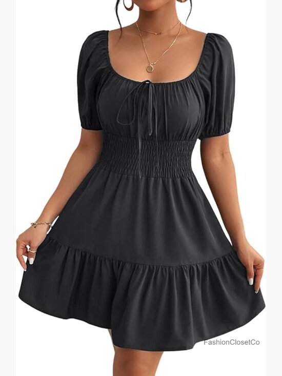 Dresses & Skirts - Boho Square Neck Puff Sleeve Self Tie Front A Line Dress
